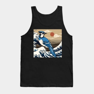 Vintage Blue Jay Bird in Sunset with The Great Wave Bird Watching Dad Tank Top